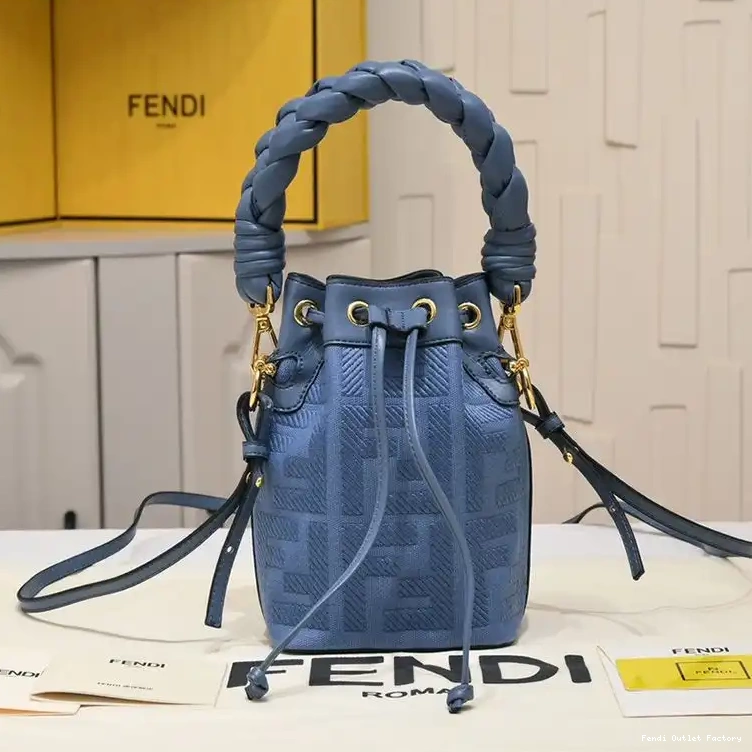 Affordable HOT Canvas FF Mon Bucket Mini Blue In Motif with Bag Fendi Tresor Handle Woven 0607